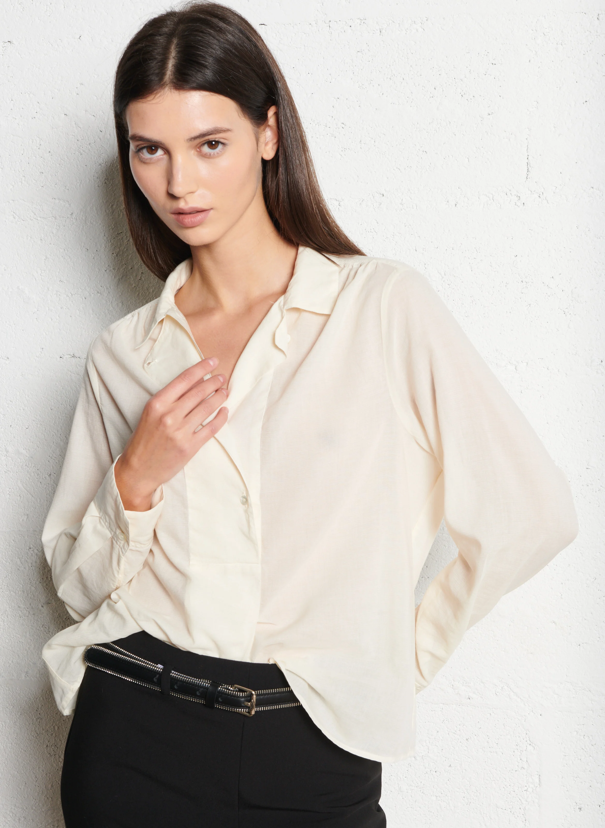 Blouse ample col classique en coton mélangé | Blanc