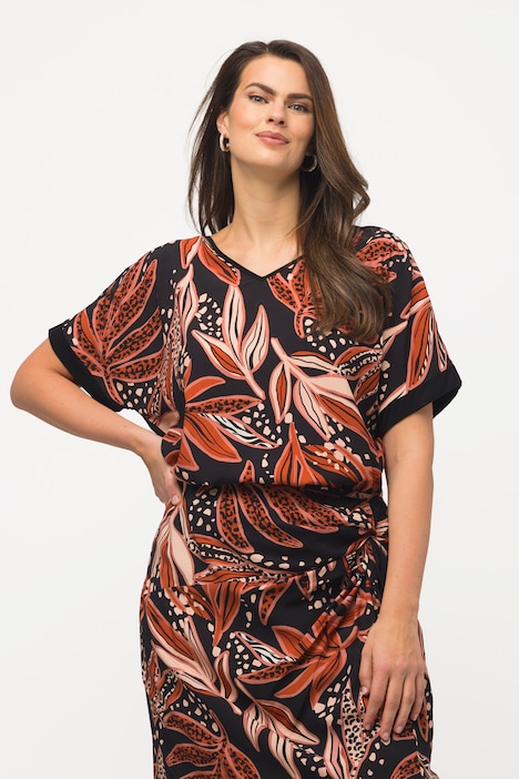 T-Shirt, Blätter, Oversized, V-Ausschnitt, Halbarm