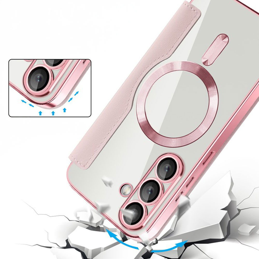 Samsung Galaxy S25  Plus Hybrid Leder Tasche   Kunststoff Rückseite MagSafe-Modul mit Steppmuster (RFID Schutz) - Rosa / Transparent