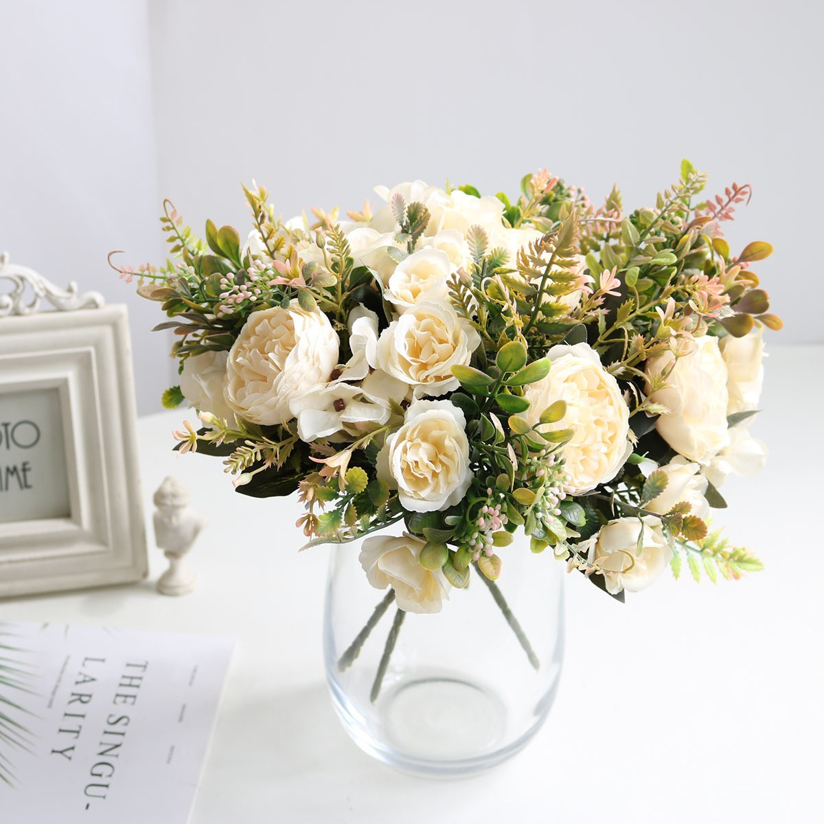 (30cm) Deko Kunstblumen Pfingstrosen Blumenstrauss - Weiss