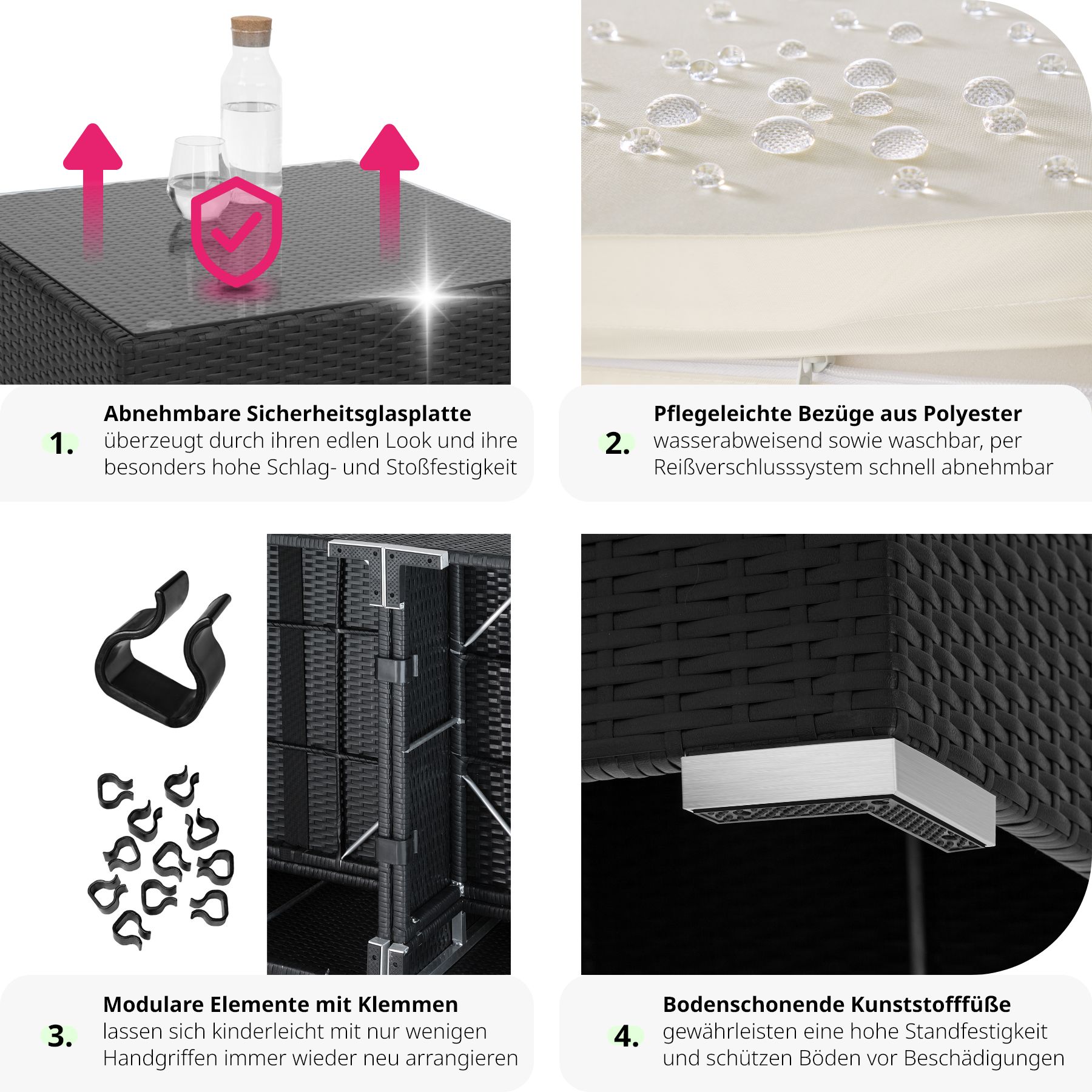 tectake® Rattan Lounge, mit Aluminiumgestell, wetterfest und UV-beständig, mit Sicherheitsglasplatte