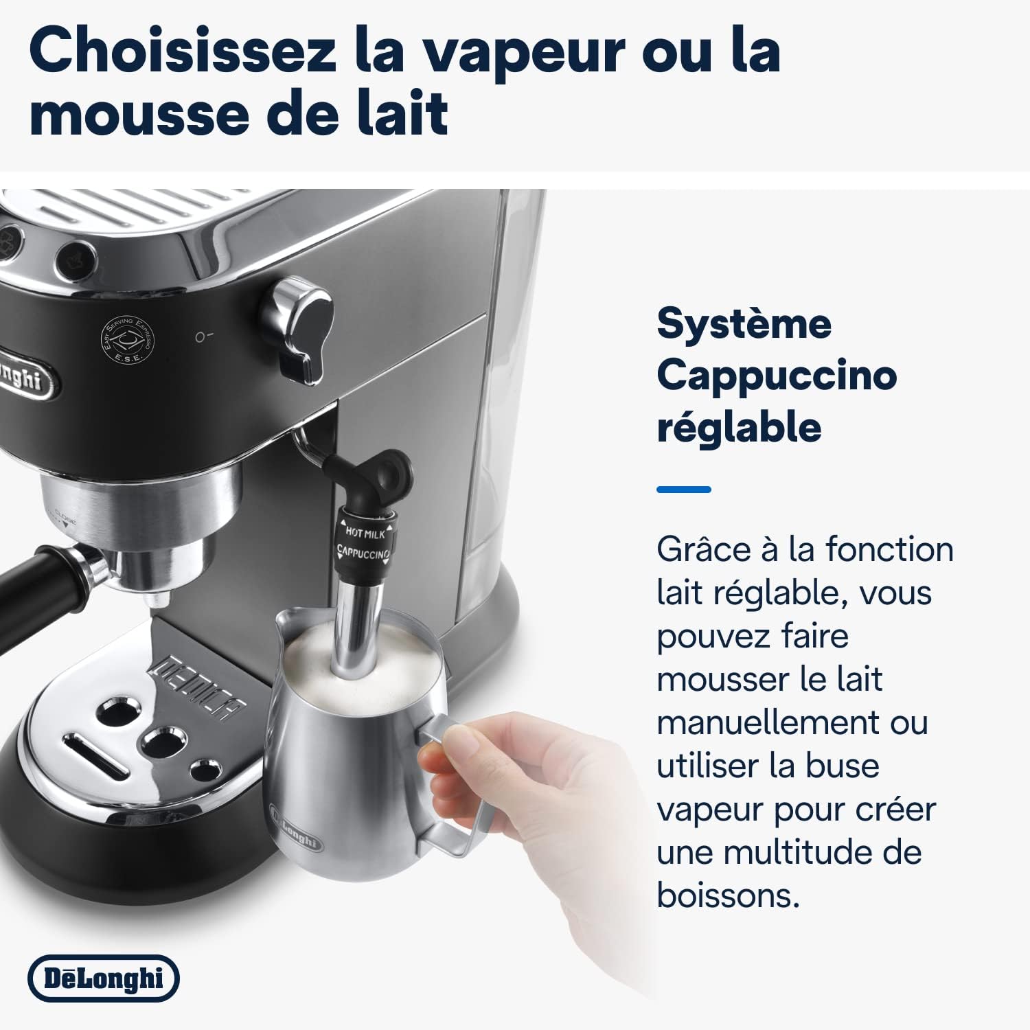 De'Longhi Dedica Style EC685.W, Machine à Café à Pompe en Acier Inoxydable Pour Café Moulu ou Dosettes, Machine à Espresso et Cappuccino, Réservoir de 1,3L, Système Anti-goutte, Blanc