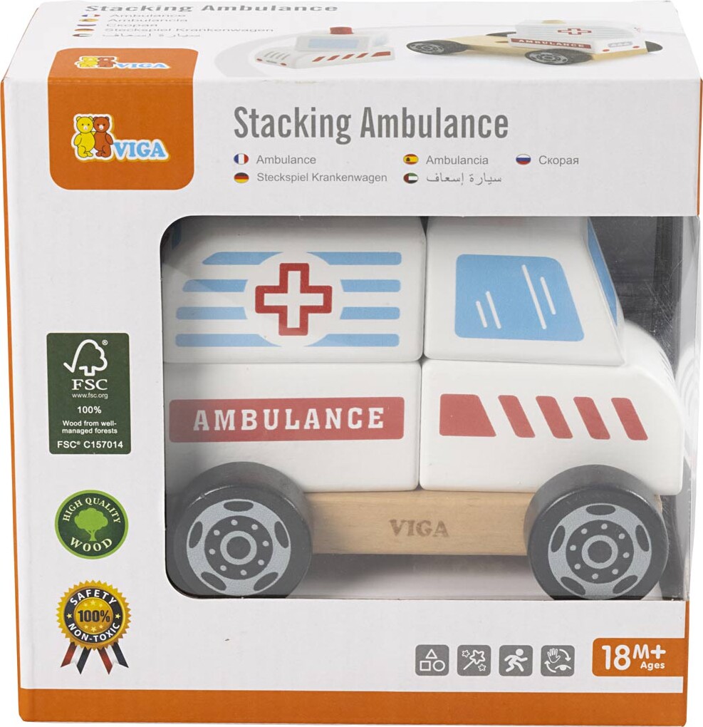Legetøjs Ambulance I Træ - 4 Stableklodser - Viga