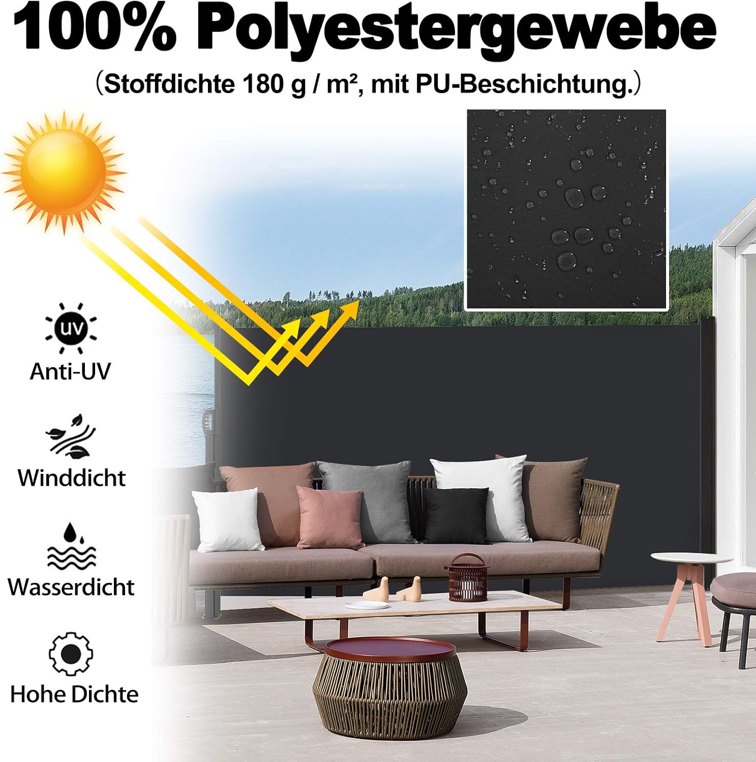 Seitenmarkise Wandmarkise Ausziehbar Markise, Seitenwandmarkise Markisenstoff für Garten, Sichtschutz Sonnenschutz Windschutz - 180x600cm, Anthrazit