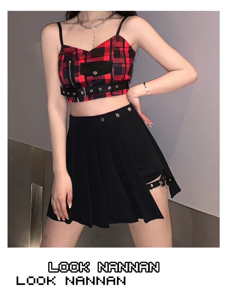 RONIN - Geruite crop top met riem / Hoge taille, effen geplooide nep-tweedelige mini-A-lijn skort