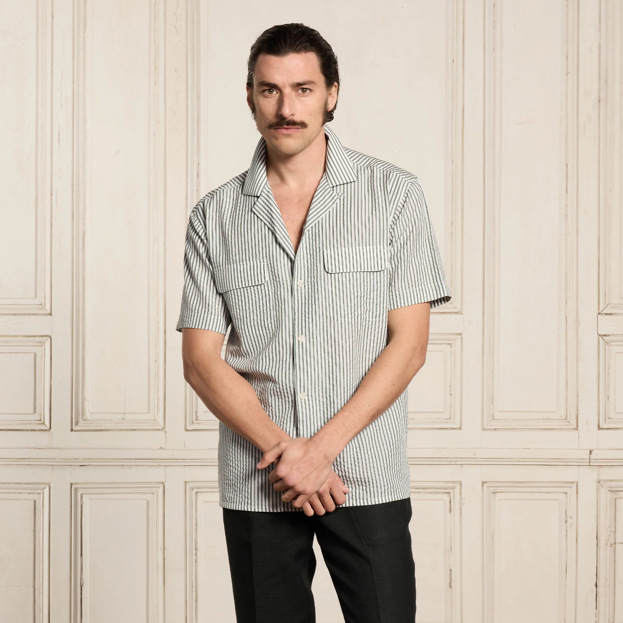 Green Striped Tencel Short Sleeve Shirt
