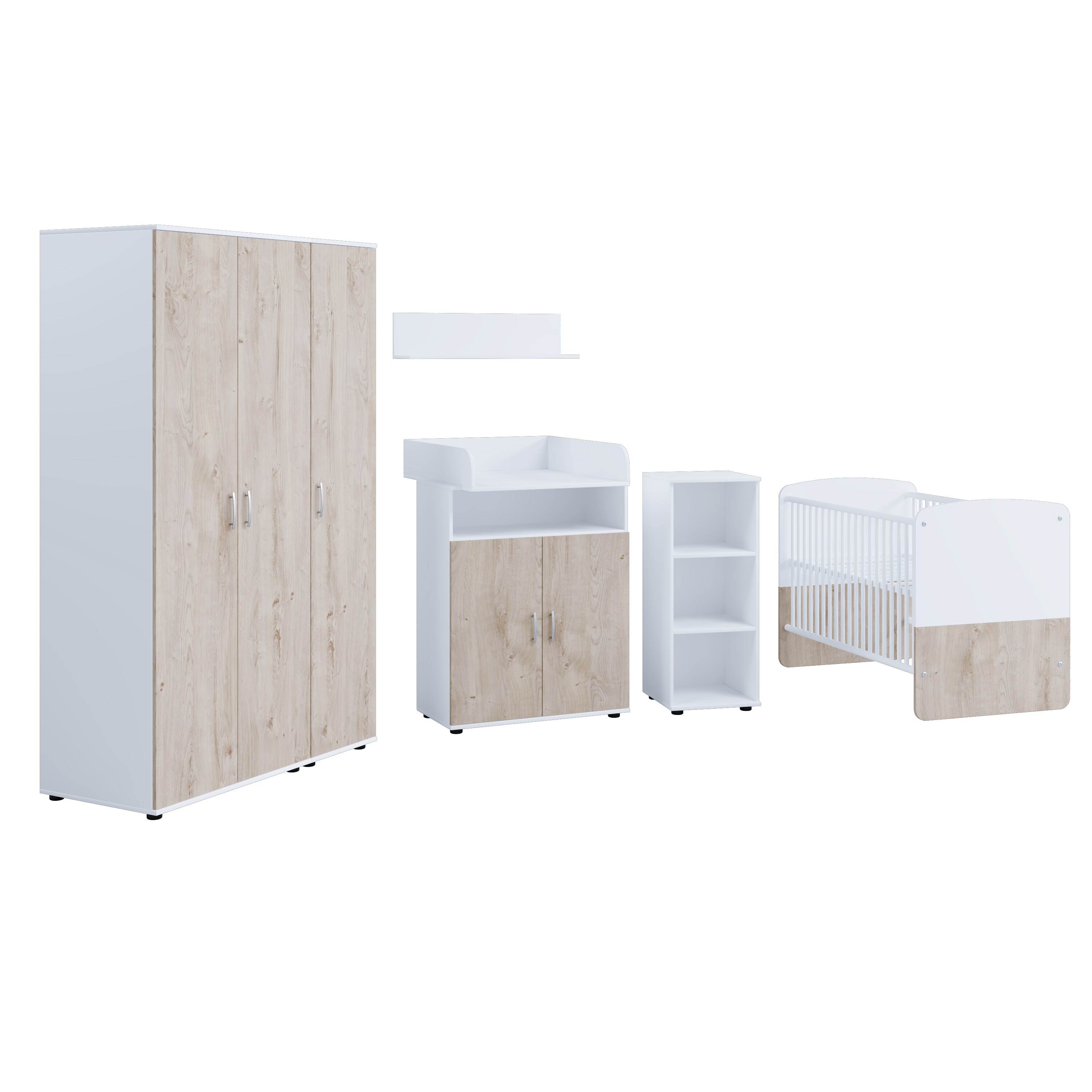 nonjoo. Babyzimmer Hanna Set 8: best. aus Babybett, Kommode, Wickelaufsatz, Wandboard, Regal mit 3 Fächern und Kleiderschrank 3-trg.