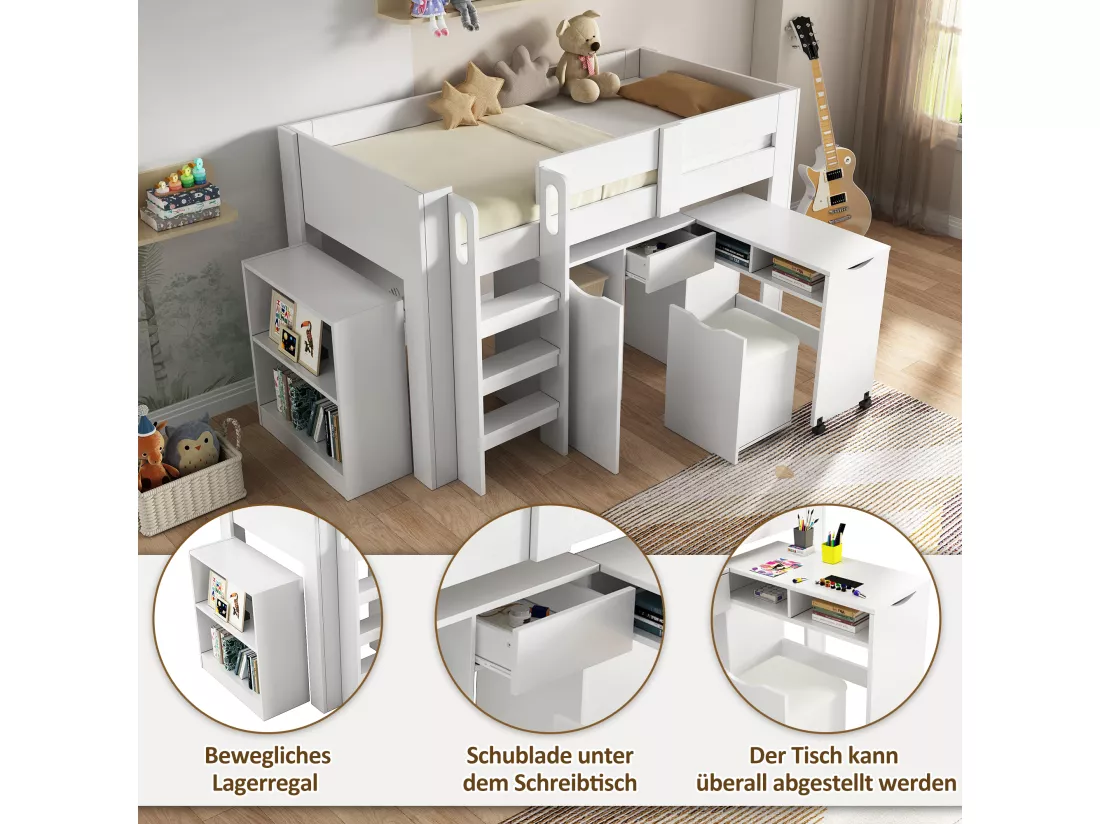 Lit mezzanine 90 x 200 cm avec bureau coulissant, armoire et tabouret - Bois MDF - Blanc (sans matelas)