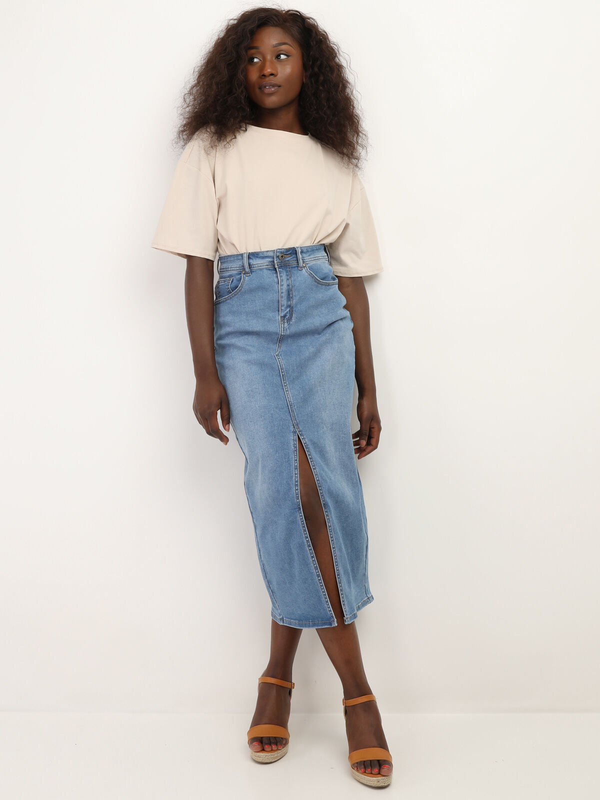 Jupe en denim mi-longue et fendue- Bleu