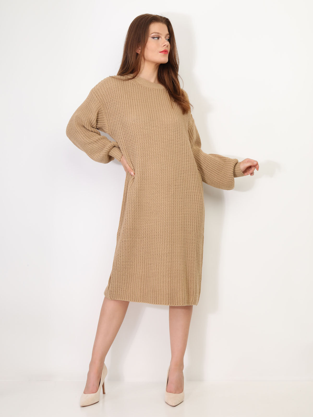 Robe pull mi-longue à manches bouffantes- Camel