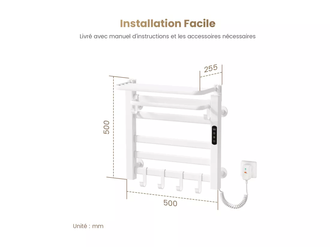 EMKE Chauffe-serviettes Électrique 50×50cm, Thermostat Intelligent WiFi, Radiateur de Salle de Bain Électrique, Chauffe-serviettes Électrique, Blanc