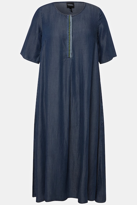 Lyocell-Kleid, Stickerei, A-Linie, Rundhals, Halbarm