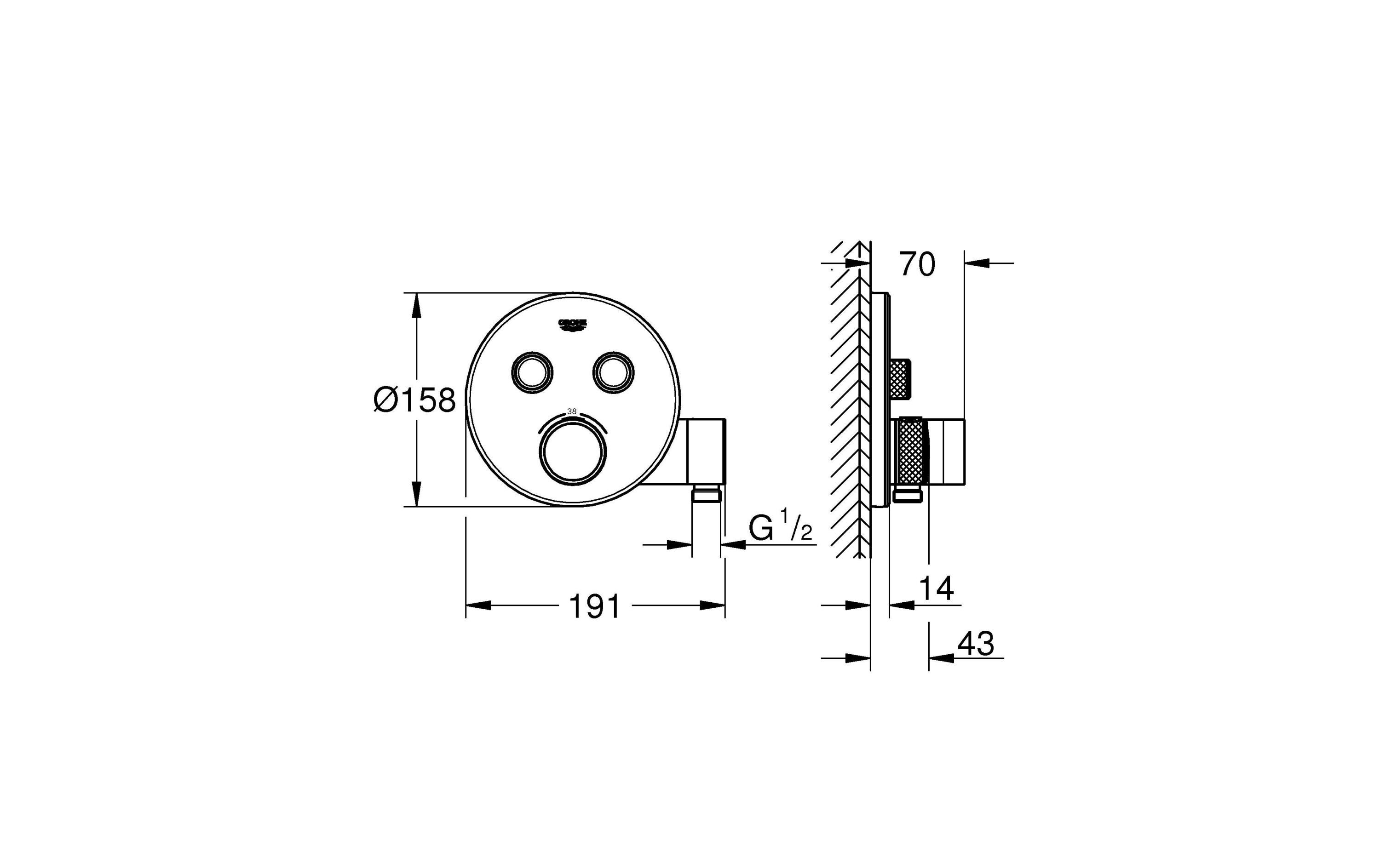Duscharmatur Grohtherm SmartControl 43 mm, mit Brausehalter<br>Thermostat mit zwei Absperrventilen