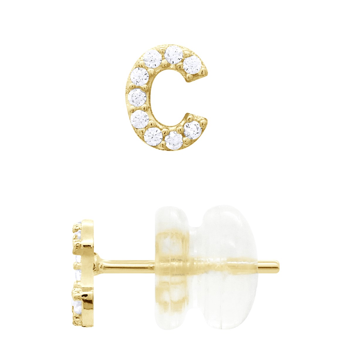 Boucles d'Oreilles Puces - Initiale Lettre C Serties d'Oxydes de Zirconiums - Or Jaune