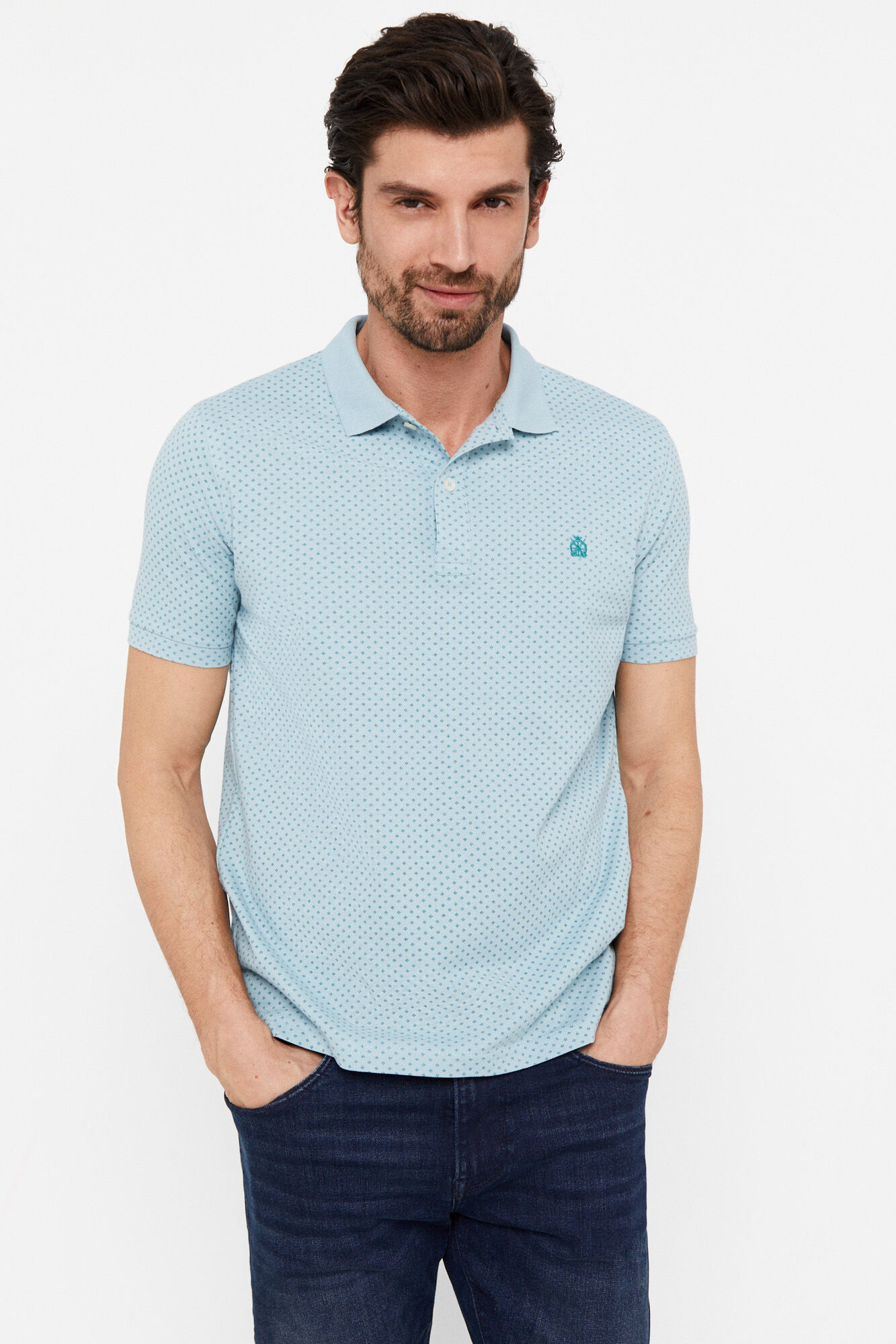 Polo piqué com microestampa - Azul