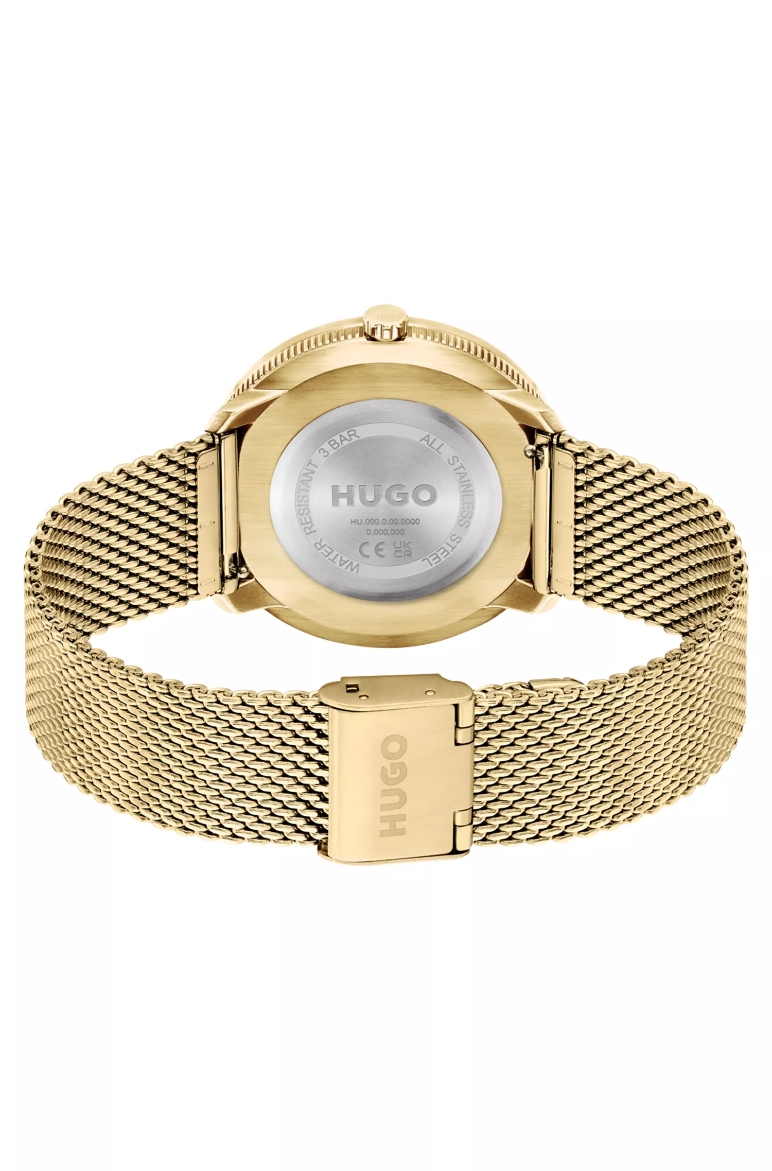 Relógio HUGO com efeito vermelho-dourado, pulseira de malha e bracelete de couro.