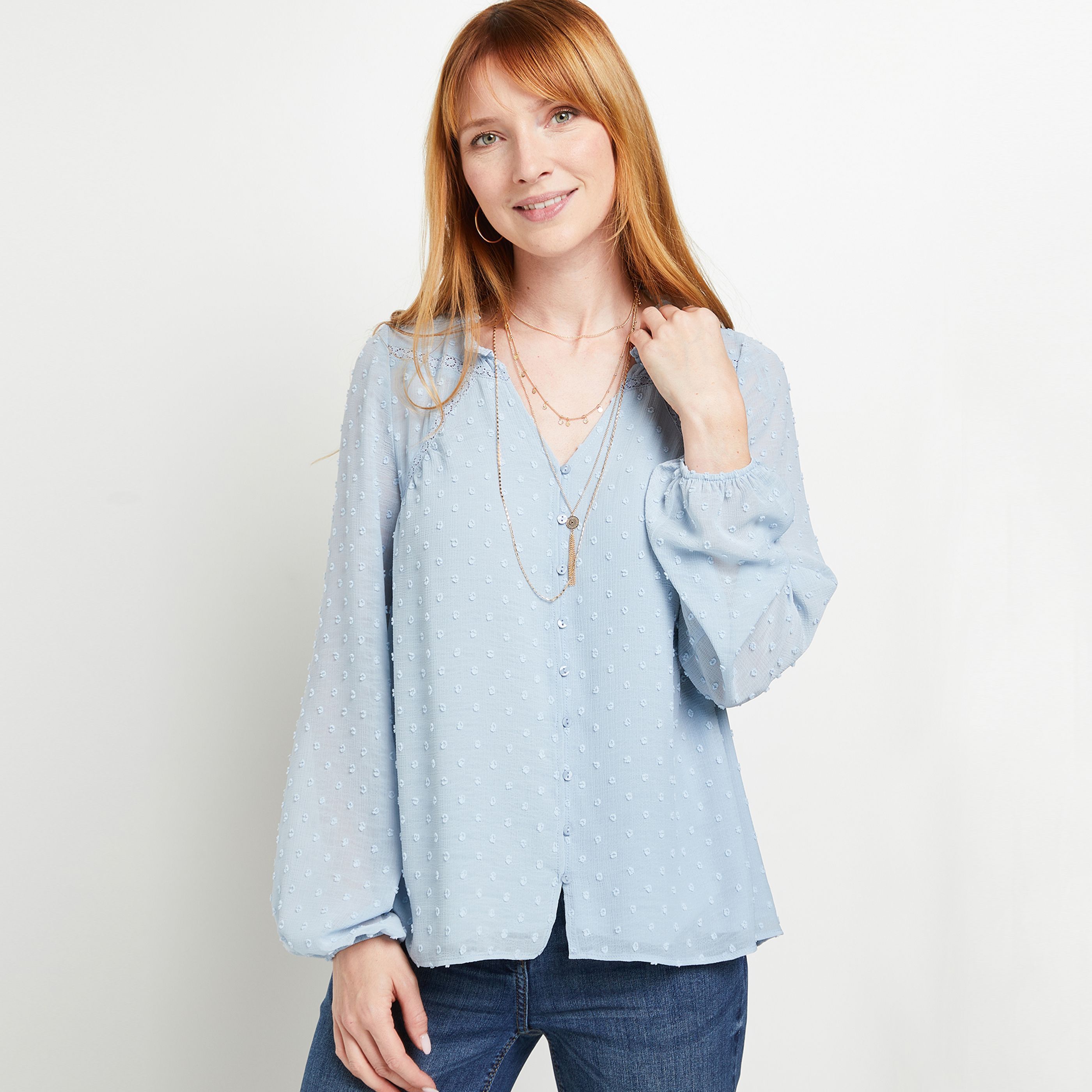 Chemisier plumetis col V femme - BLEU CLAIR