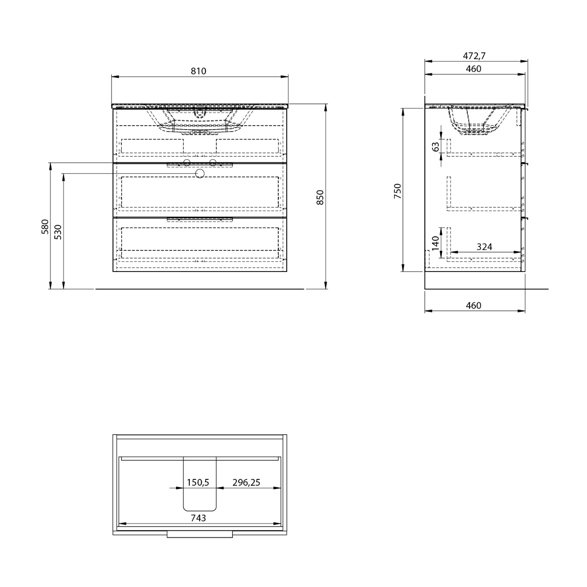 Sapho Cirasa wastafel onderkast 80x46x75cm met 3 lades wit glans