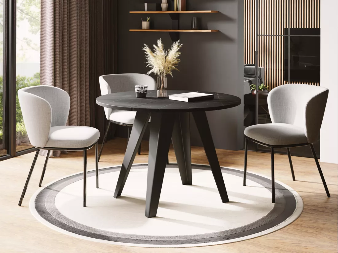 Table De Salle à Manger Ronde De Style Industriel - Moderne - Extensible De 90 Cm à 130 Cm - Pieds Métalliques Noirs - Compact Pour Petite Cuisine Ou Salon - Mabre