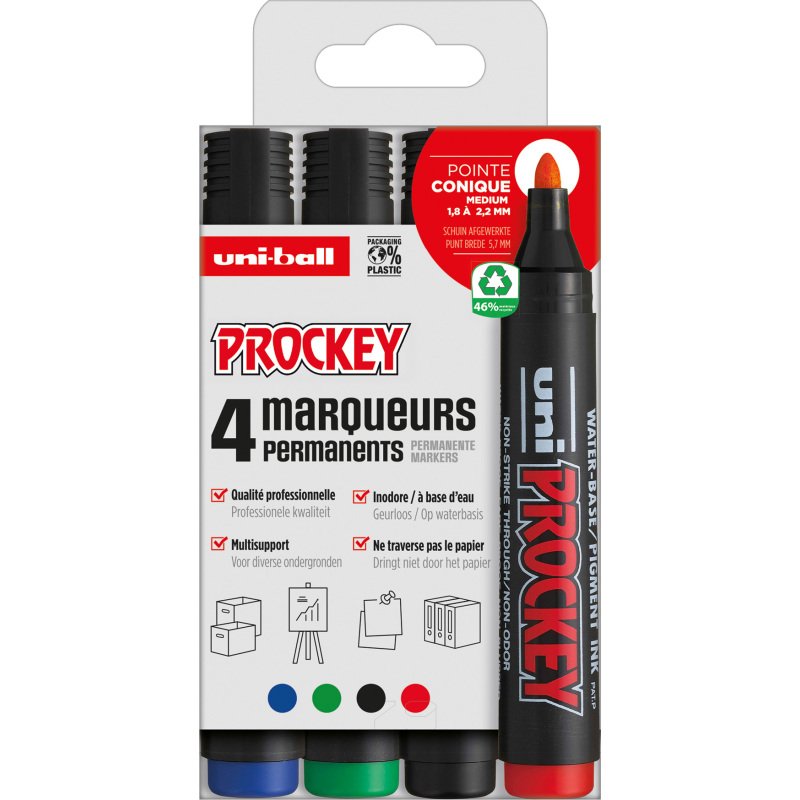 Marqueur permanent Uni Ball Prockey pointe ogive 1,8 à 2,2 mm - Pochette de 4 assortis