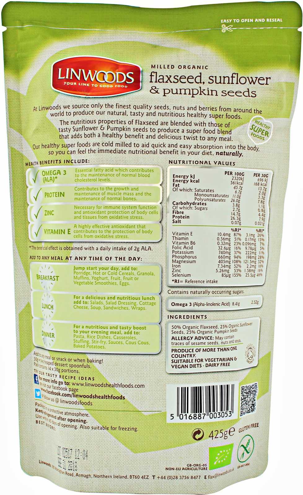 Sementes de linhaça, girassol e abóbora orgânicas moídas da Linwoods, 425g