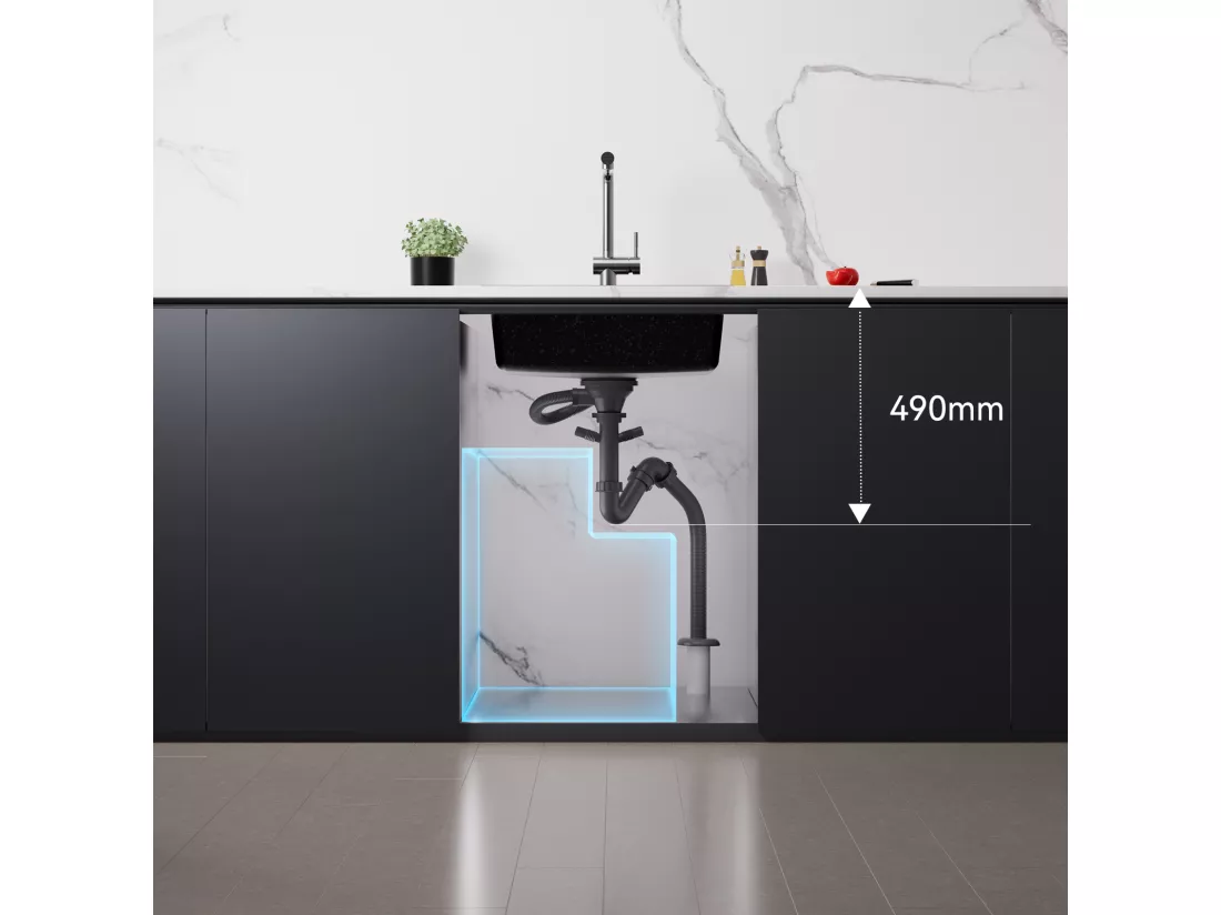 1 Bac Évier Cuisine en Granit,55*45*20cm,Kit de Vidage,Noir+Robinet Cuisine Rotatif 360°Eau Froide Chaude Noir avec points blancs