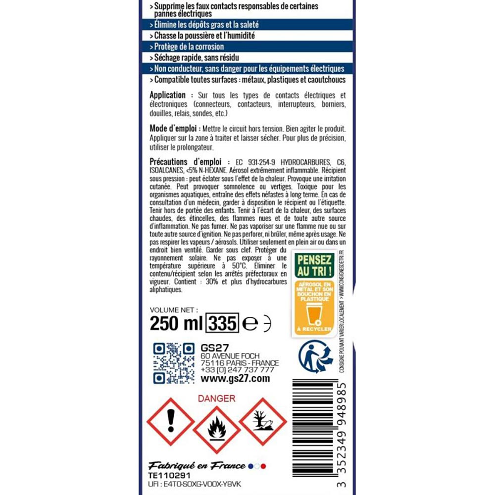 GS27 - Nettoyant contacts séchage rapide 250 ml