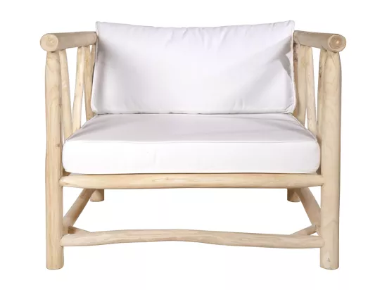 Fauteuil de jardin en teck avec accoudoirs et coussins - Naturel clair et blanc - TULUM de MYLIA