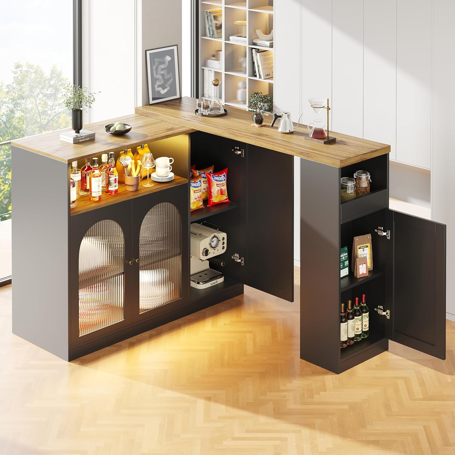 Um 360° drehbarer Bartisch (Hauptkörper: 198 x 39,6 x 97 cm), Mattschwarzer Schrank mit Schreibtisch in Holzmaserung, mit Changhong-Glasschranktür und LED-Licht, Sideboard