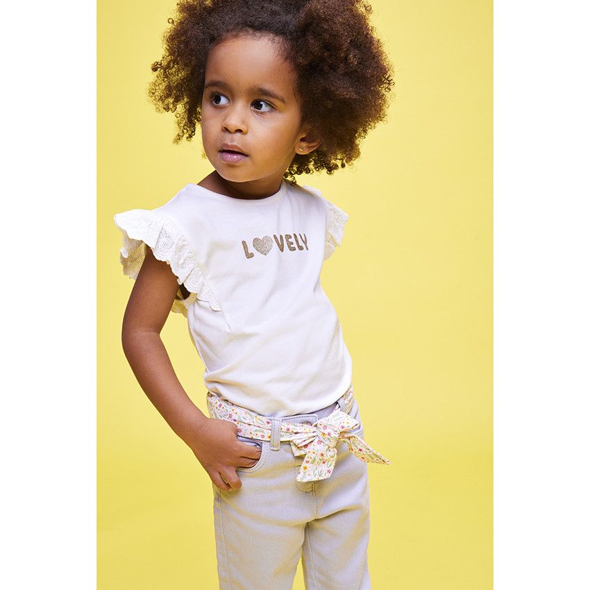T-shirt manches courtes volantées en jersey avec print glitter pour bébé fille - Ecru