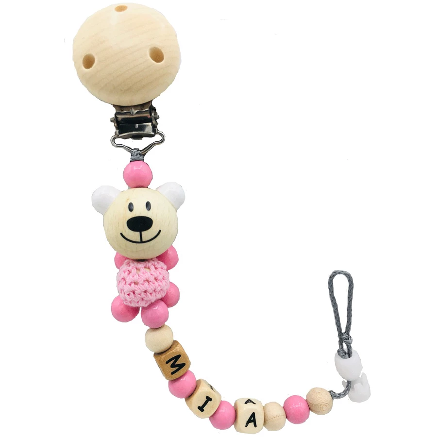 Schnullireich Schnullerkette mit Namen Häkelbär Natur (Holz) Rosa