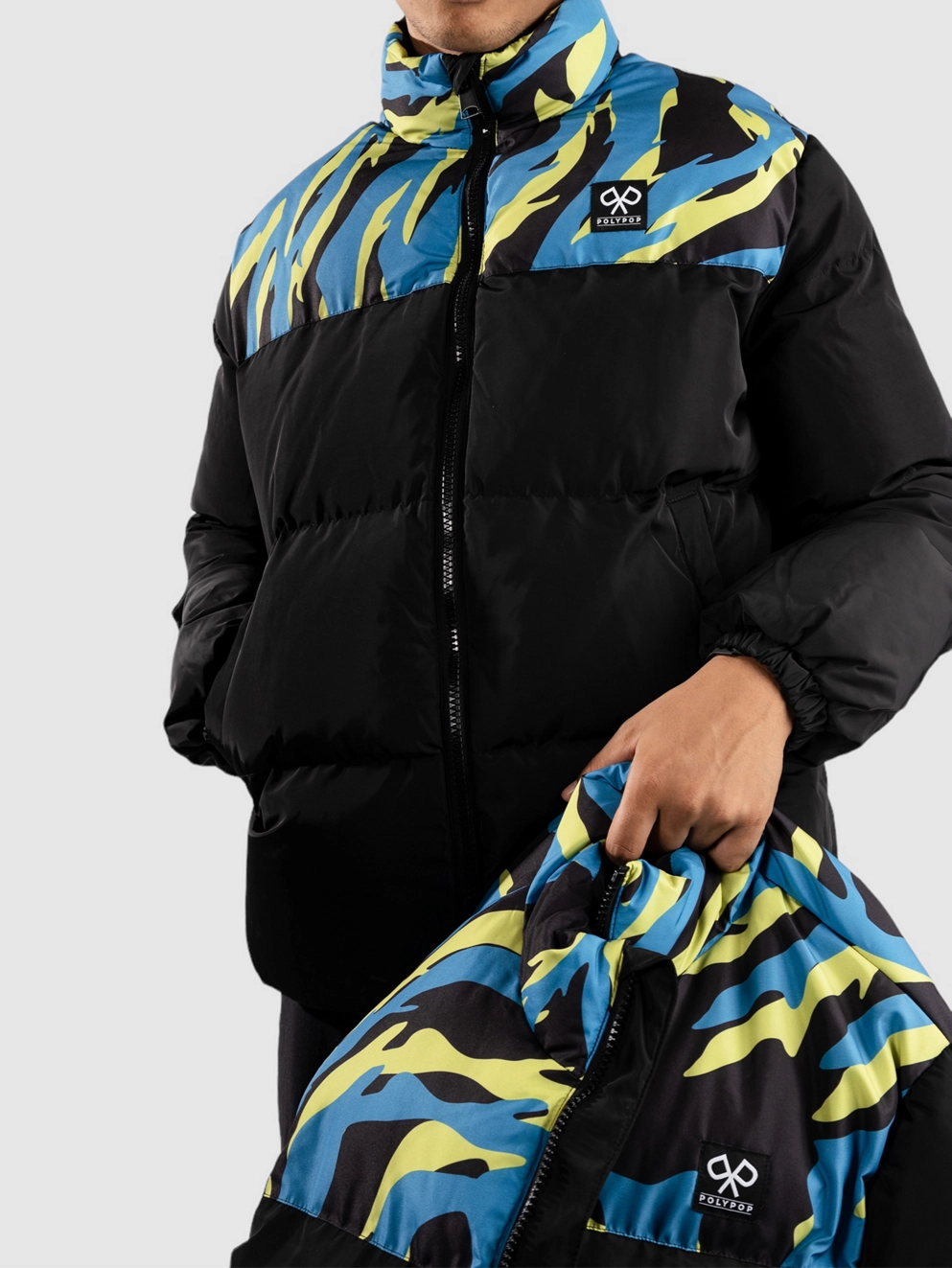 Polypop Black Tigra Pattern Chest Puffer Jacket black