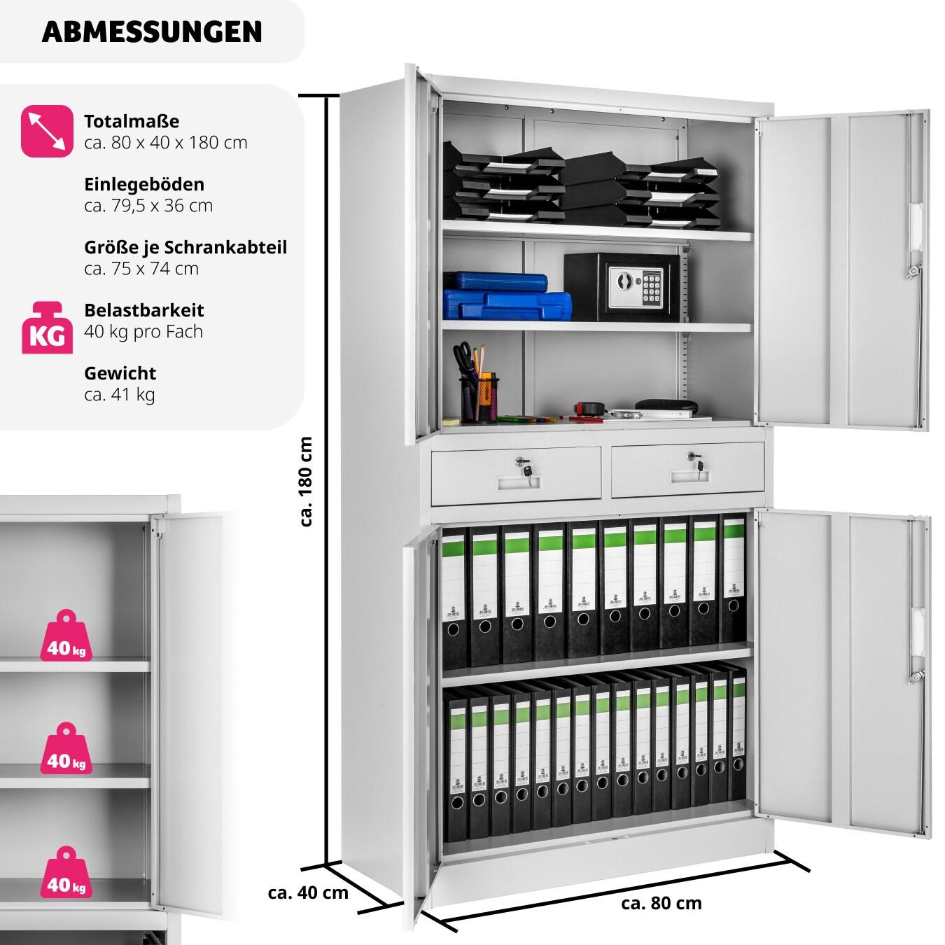 tectake® Aktenschrank, aus pulverbeschichtetem Stahl, 3 höhenverstellbare Einlegeböden, 180 x 80 x 40 cm