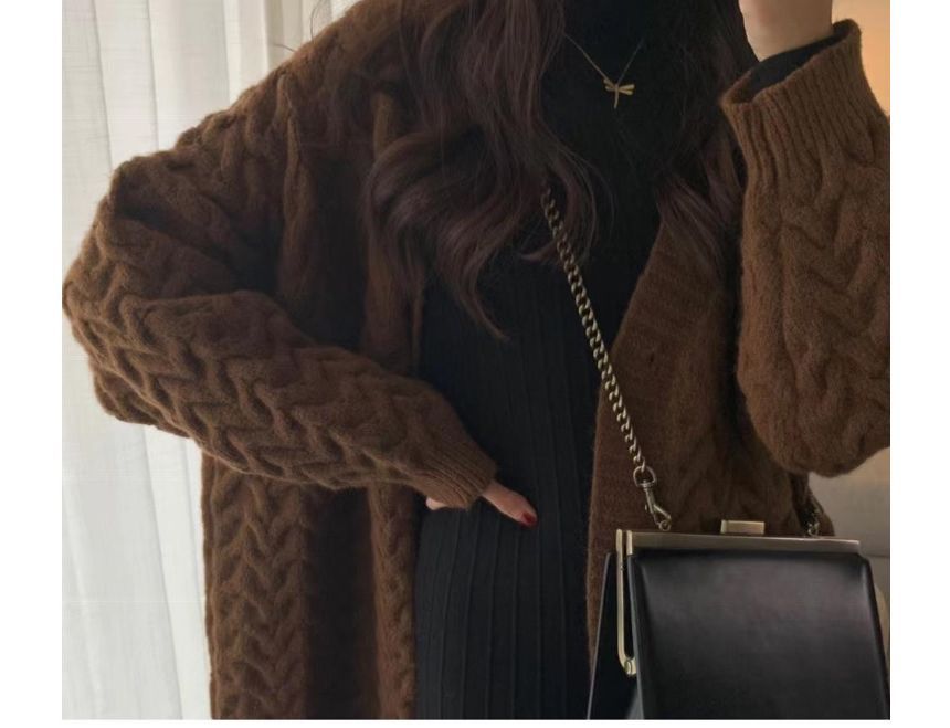 Leoom - V-hals effen kabelgebreide lange cardigan met knoopjes / Lange mouwen mockneck midi A-lijn gebreide jurk