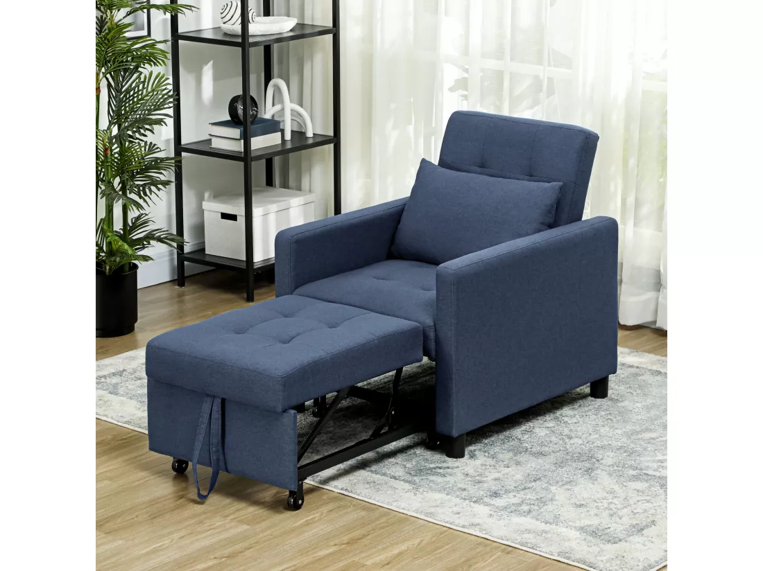 Fauteuil chauffeuse canapé-lit convertible 1 place dossier inclinable 3 positions coussin inclus polyester coton bleu