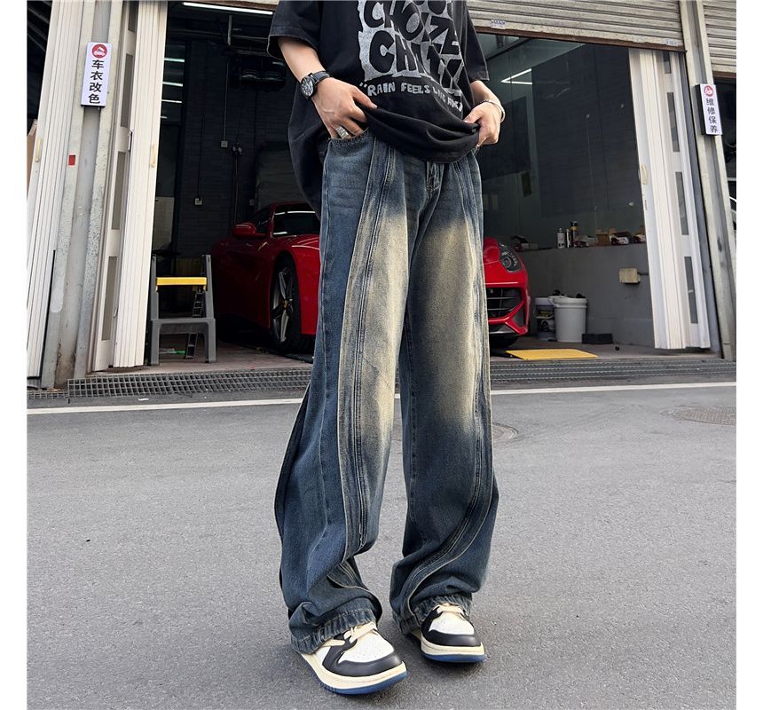 Hushgrain - Mid Rise Washed Panel Straight Leg Jeans