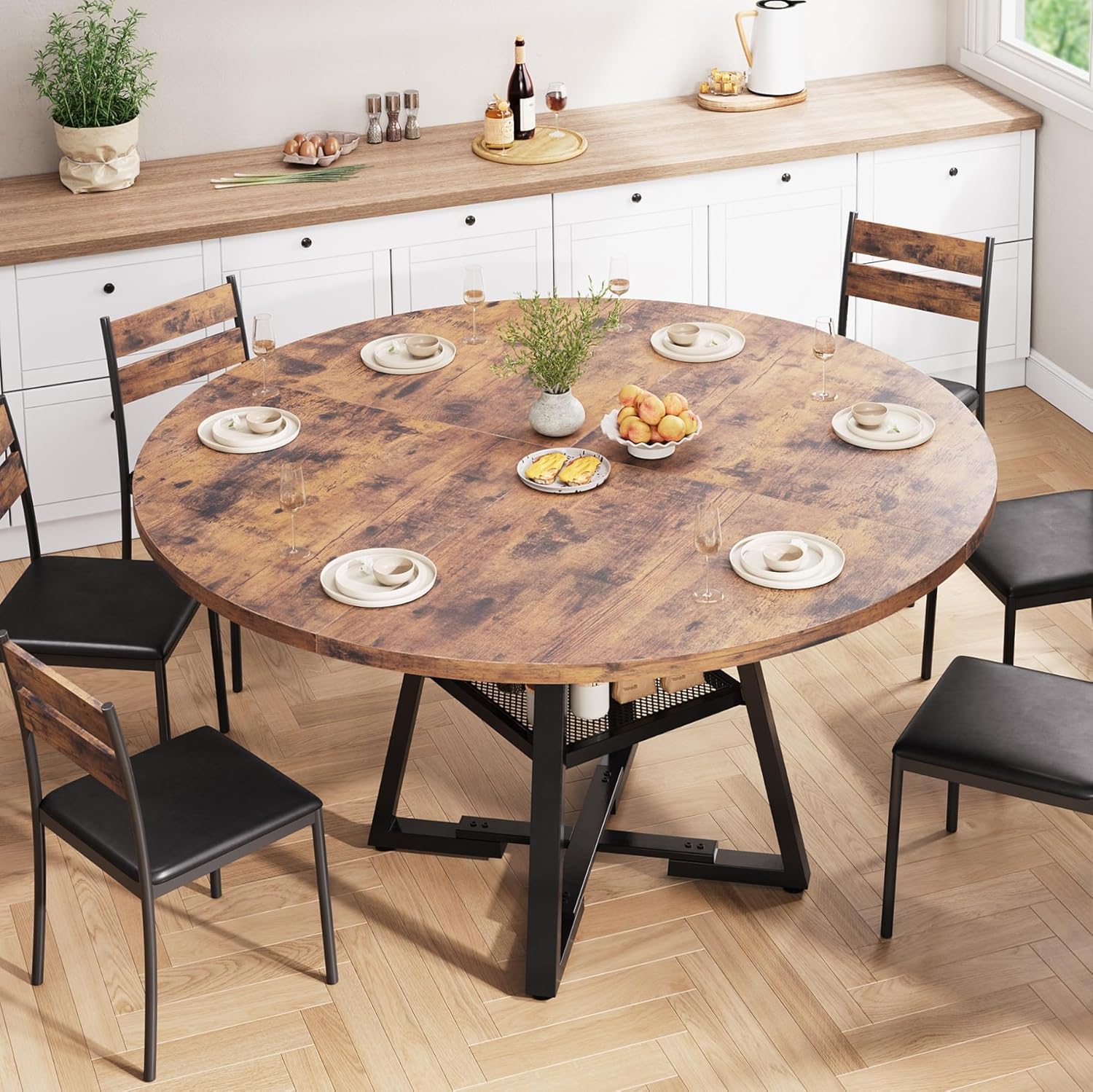 Esstisch Runder für 4-6 Personen, Esszimmertisch mit Ablage, platzsparender Küchentisch aus Holz im Industrial Design (Vintage Braun, 130x130x76cm)