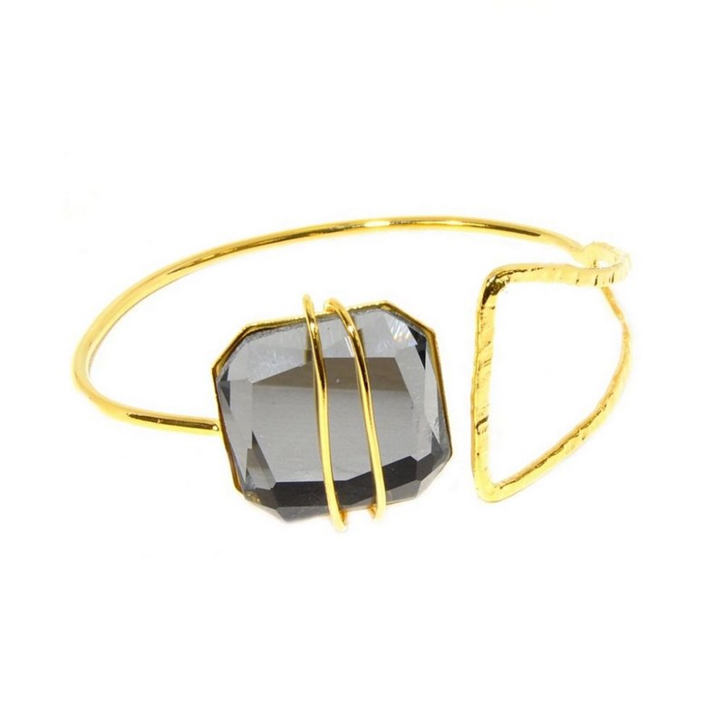 Bracelet rigide en plaqué or métallique fait main avec pierre crystal - Bijou de créateur