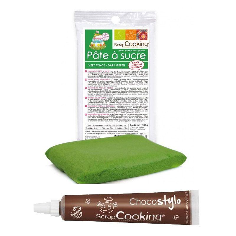 Stylo chocolat + Pâte à sucre vert foncé 100 g Scrapcooking
