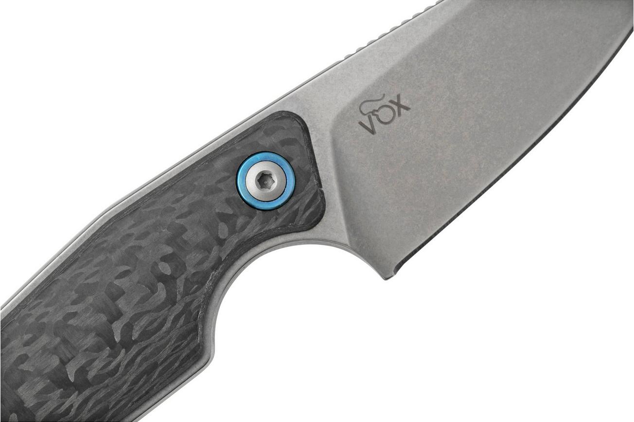 MKM Makro 1 Droppoint, Stonewashed Carbonfiber vaststaand mes, Jesper Voxnaes design