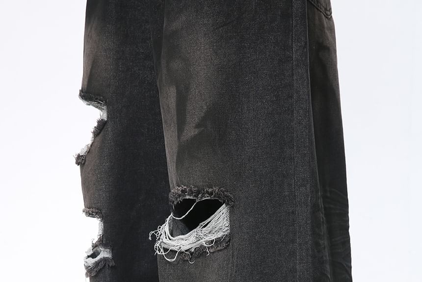 FAERIS - Mid Rise Washed Distressed Wide Leg Jeans