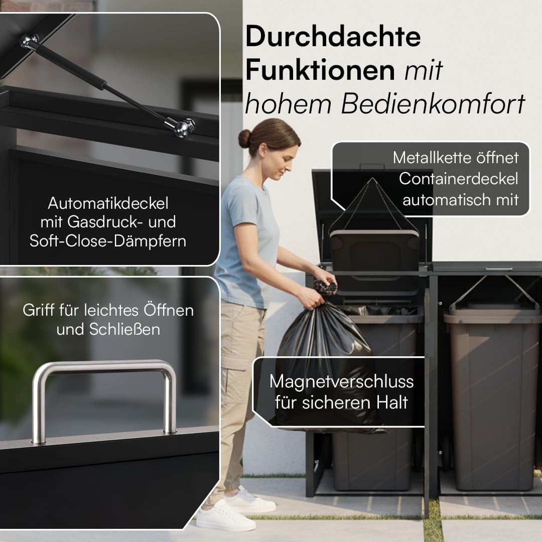 STEELSØN Kestra Mülltonnenbox 4er bis 120L – Mülltonnenverkleidung aus Stahl mit Sichtstreifen in Holzoptik – hochwertige Müllcontainer für 4 Tonnen – Müllbox in Anthrazit – Gerätebox wetterfest