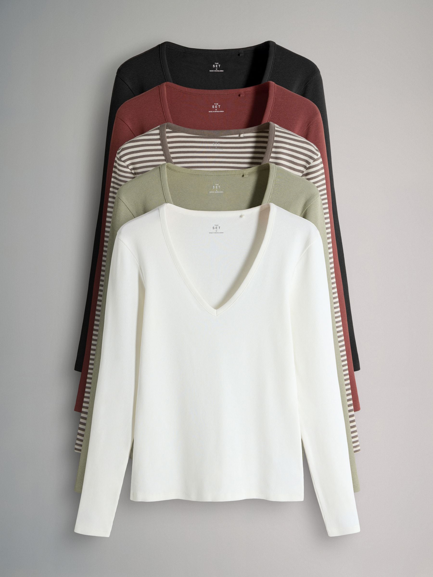 Zwart/licht kaki/Crème/Strepen/Bruin - The Set 5 Pack V-hals Lange mouwen Geribd T-shirts