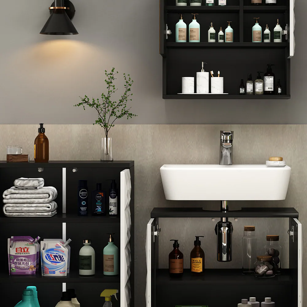 Vicco Badmöbel-Set Badezimmer-Möbel Bad-Schrank Edge Schwarz Weiß modern Badezimmerschrank Waschbeckenunterschrank Spiegelschrank Badezimmerkommode