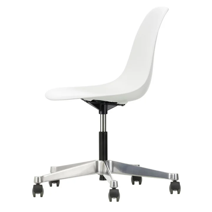 Vitra - Eames Plastic Side Chair PSCC, poliert / weiss, weiche Rollen (Hartboden)