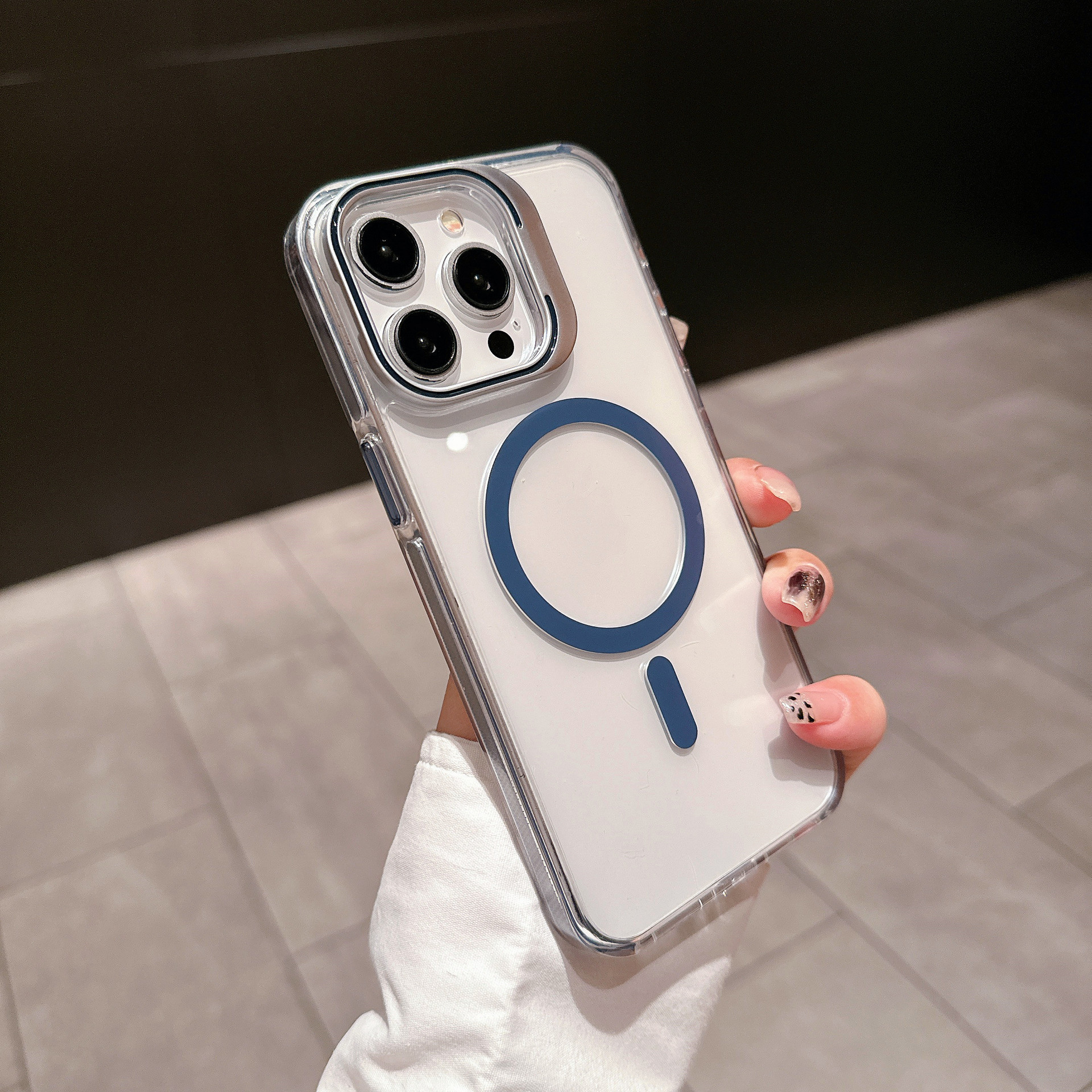 iPhone 13 Pro MagSafe Hybrid Hülle TPU Bumper Acryl Rückseite mit Kamera Kickstand - Blau / Transparent