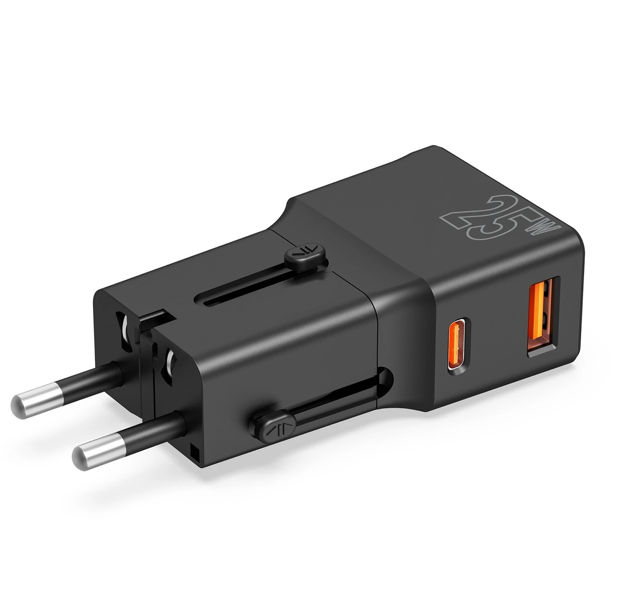 (25W) USB C / USB A  Ladegerät Netzteil World Travel Adapter EU / UK / USA / Japan / Australien / China (TAD25-2P-BLK) - Schwarz