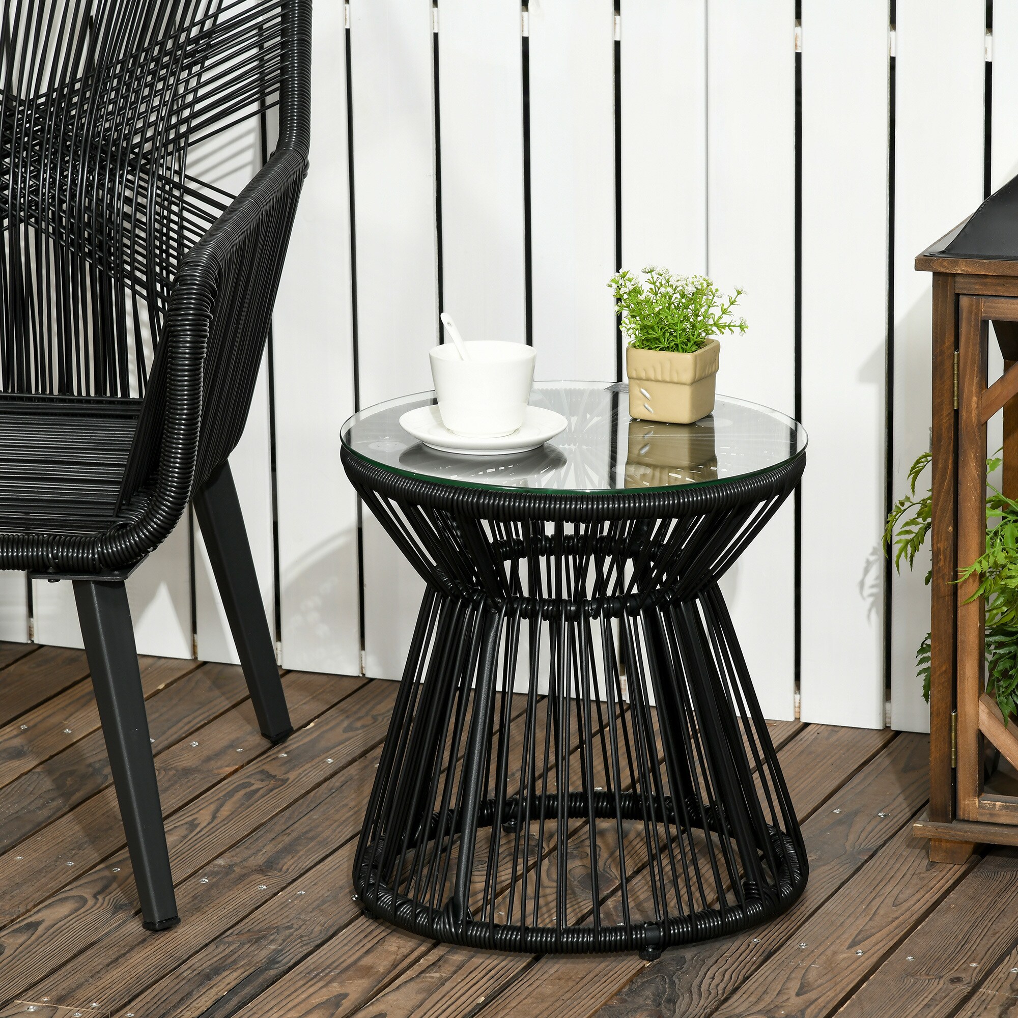 Outsunny Ratten Beistelltisch mit Glastischplatte schwarz 40L x 40B x 42H cm