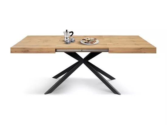 Table en bois, finition chêne, base X anthracite, extensible 160x90 - CAMAIORE