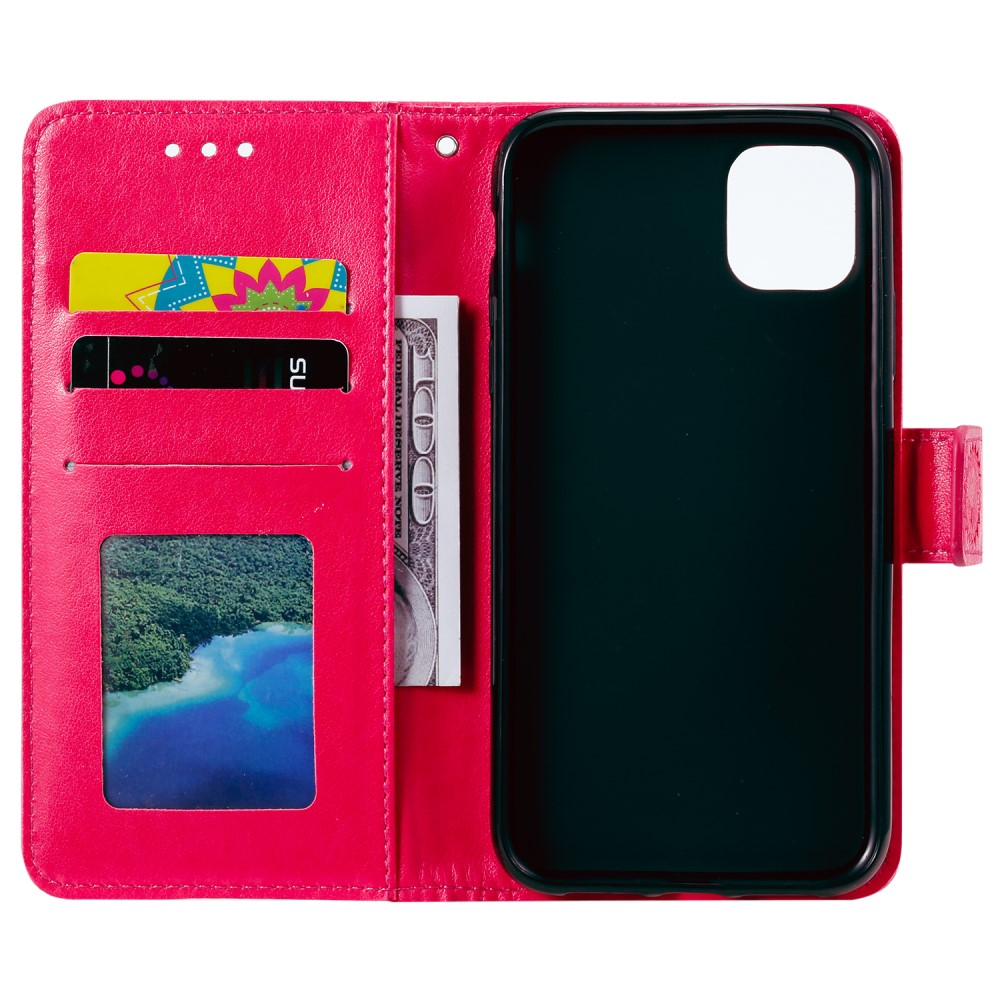iPhone 13 Leder Tasche Wallet - Mandala Flowers Imprint - Rot / Pink